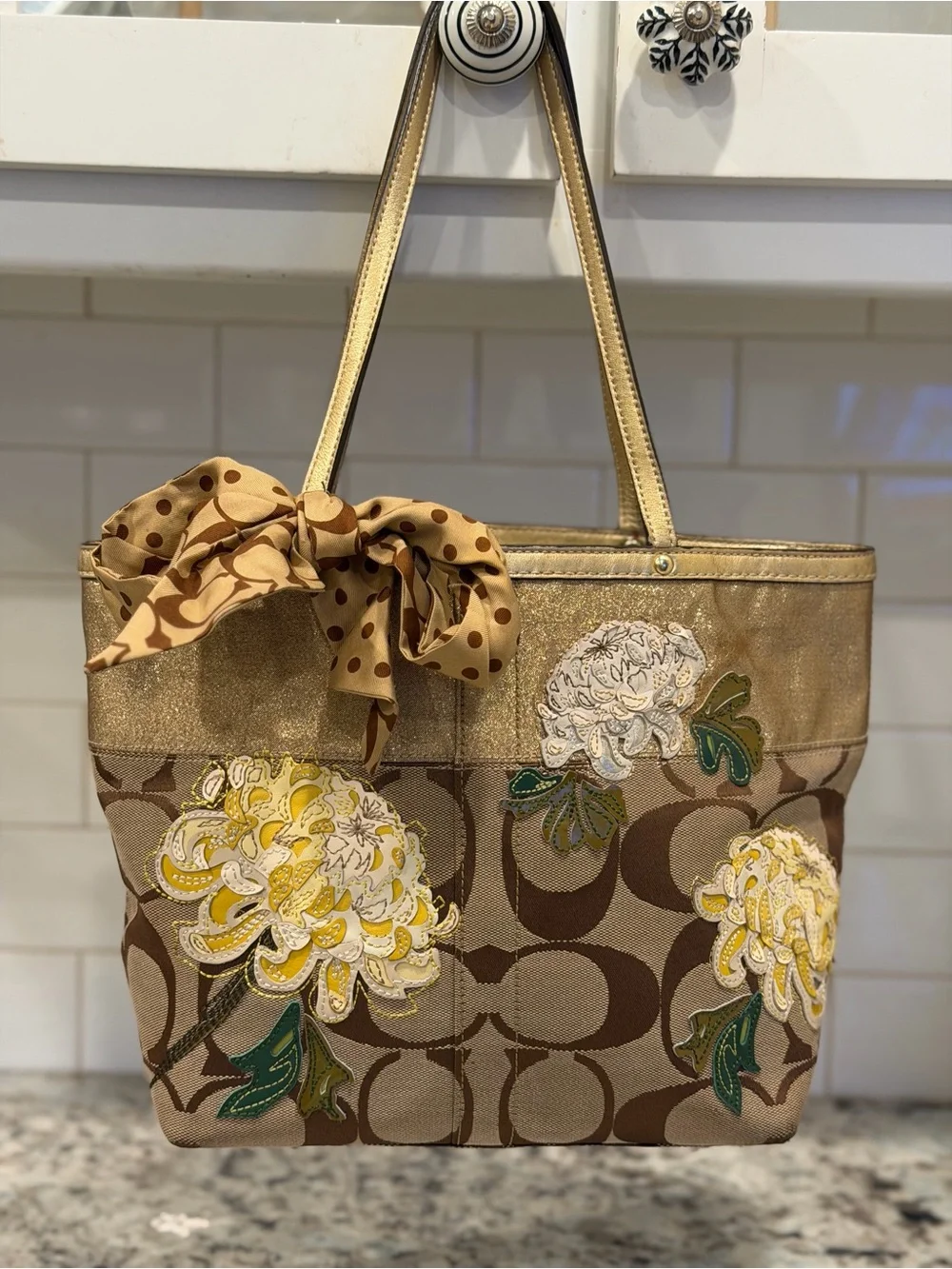 Coach Gold and Brown Floral Appliqué Tote